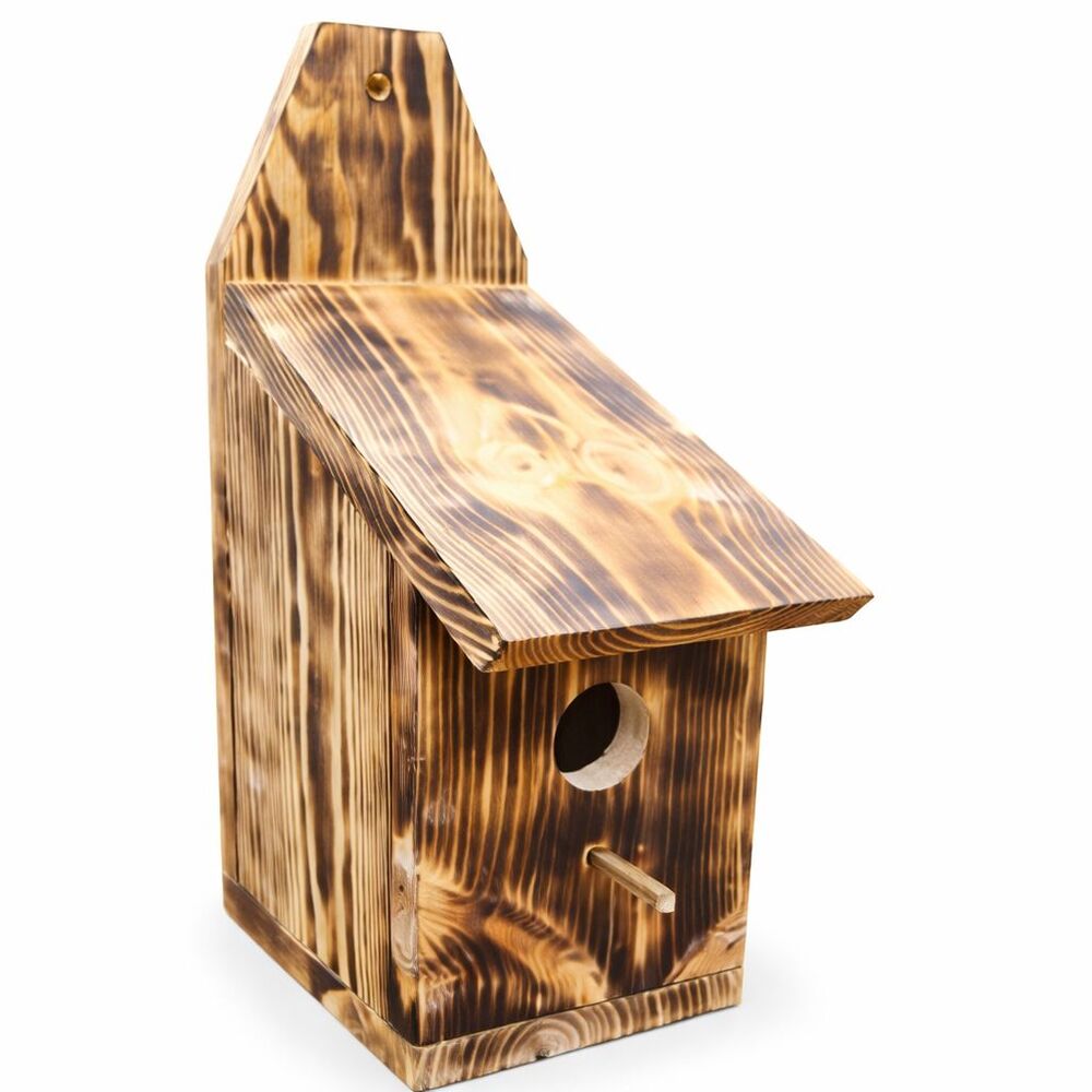 Handmade Rustic Burned Pine Wood Birdhouse w/ Perch & Bottom Cleanout Door NEW